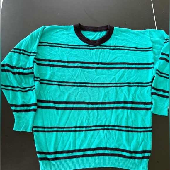 Retro Teal & Black Striped Sweater – Size M - Picture 1 of 9